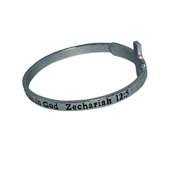 Silver & Gold Tone Cross Bangle Bracelet With Zechariah 12:5 Bible Verse (5793) - Picture 5 of 5